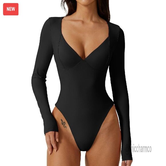 Long Sleeve V Neck Bodysuit Seamed Cup Sculpting Tops